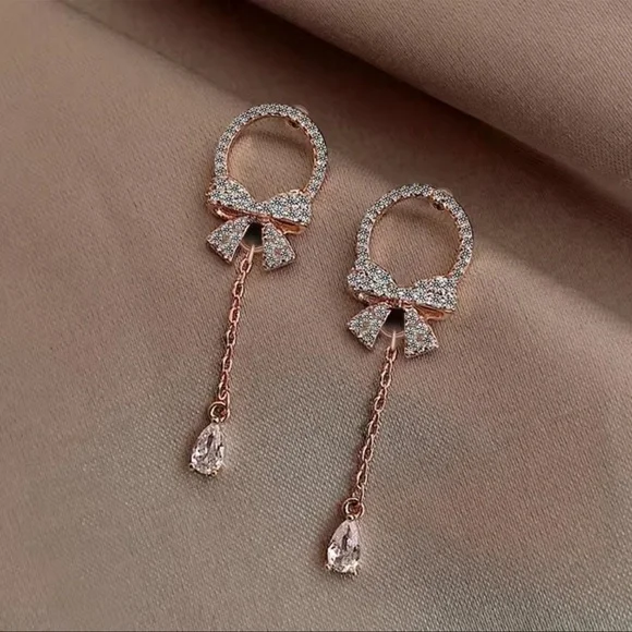 Elegant Bow Water Drop Pendant Stud Earrings - Picture 3 of 7